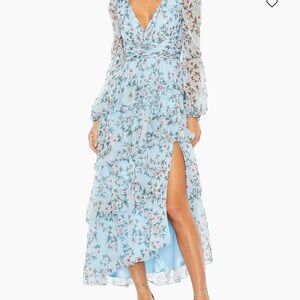 NWT Mac Duggal Light Blue Floral Chiffon Midi Dress - Aqua Multi